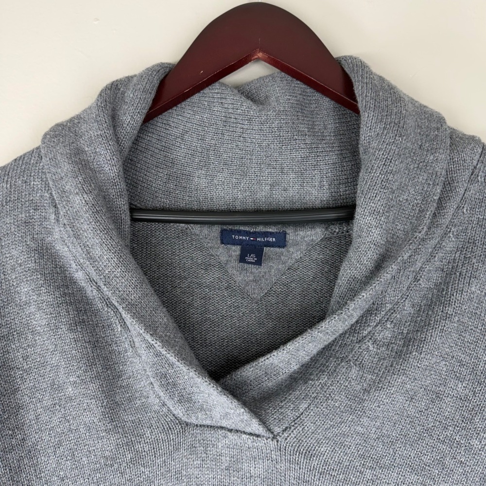 Tommy Hilfiger Womens Gray Shawl Collar Cotton Blend Knit Sweater Size L - Picture 2 of 7